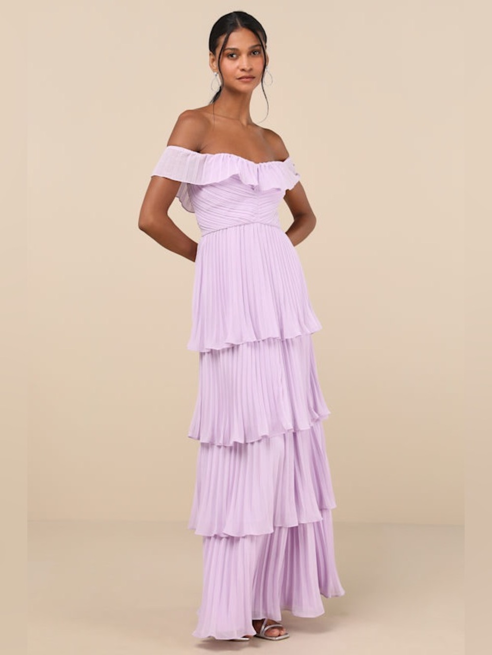 Lulus Always Remarkable Lavender Pleated Off-the-Shoulder Maxi Dress New with Ta